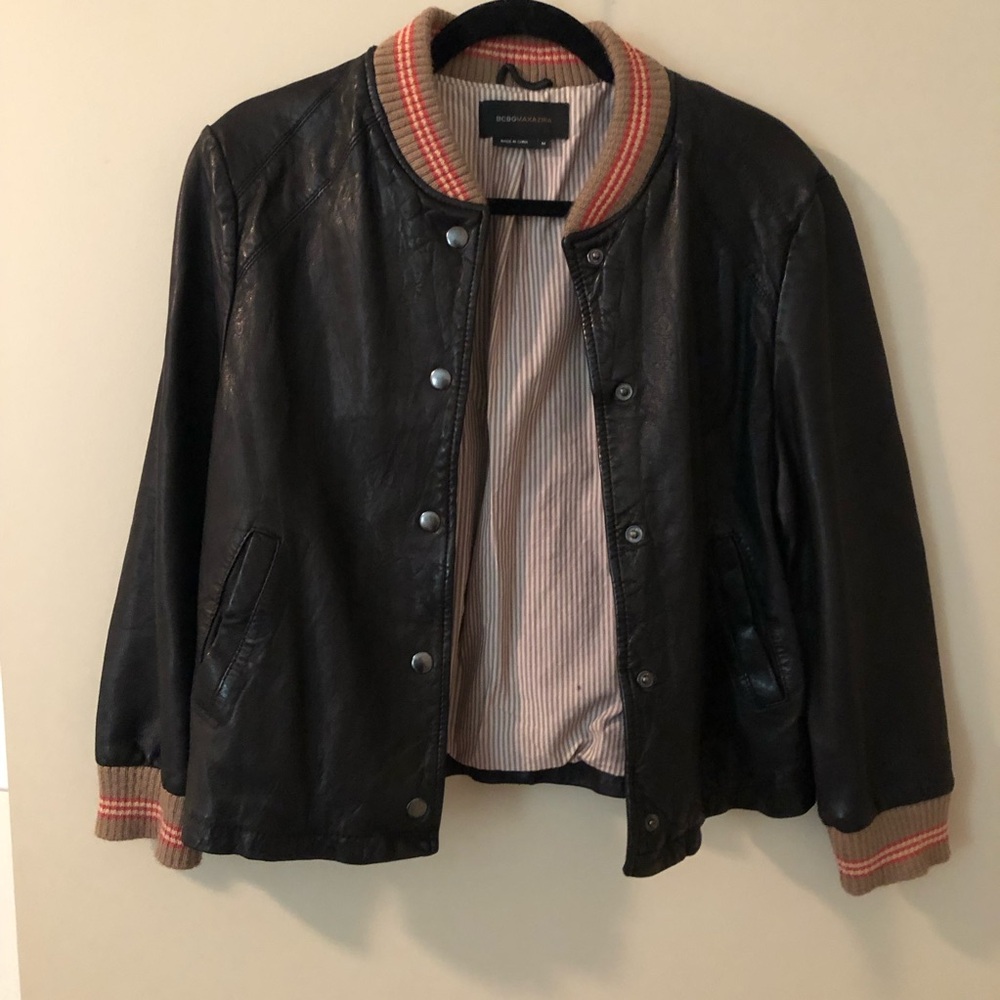 BCBG Black Leather Bomber Jacket